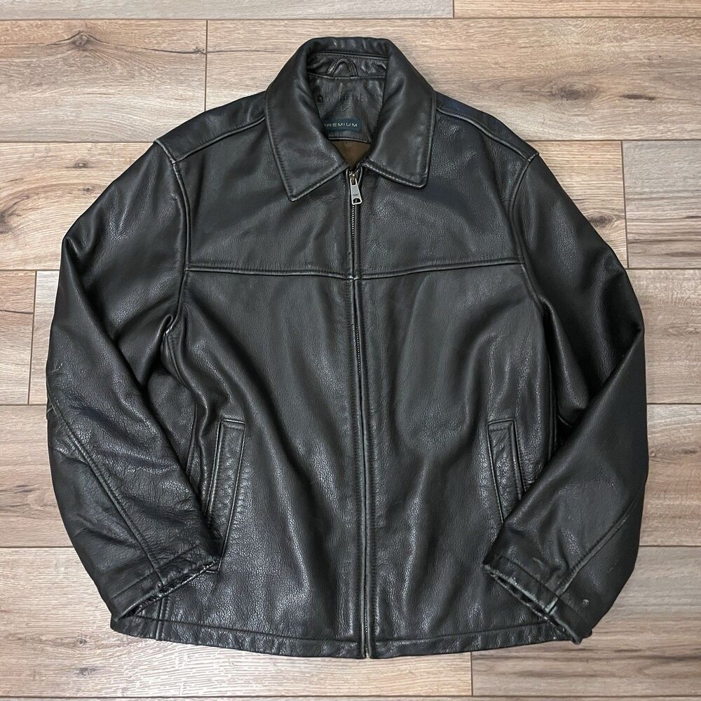 Dockers Premium Dark Brown Leather Zip Up Bomber Motorcycle Jacket Men's Size L